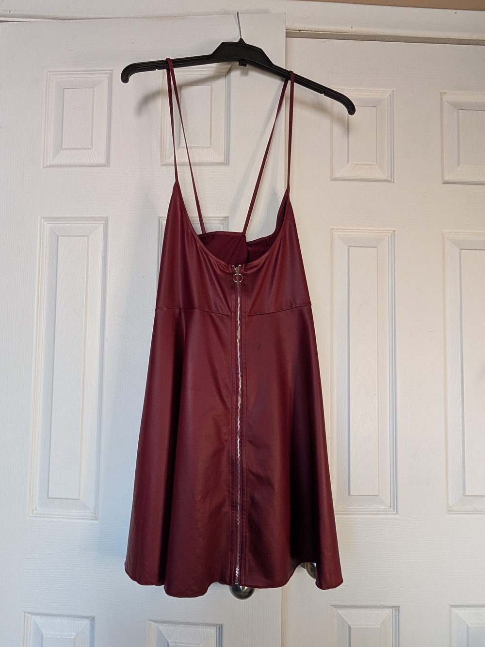 Women’s Burgundy Faux Leather Zip-Front Pinafore Dress